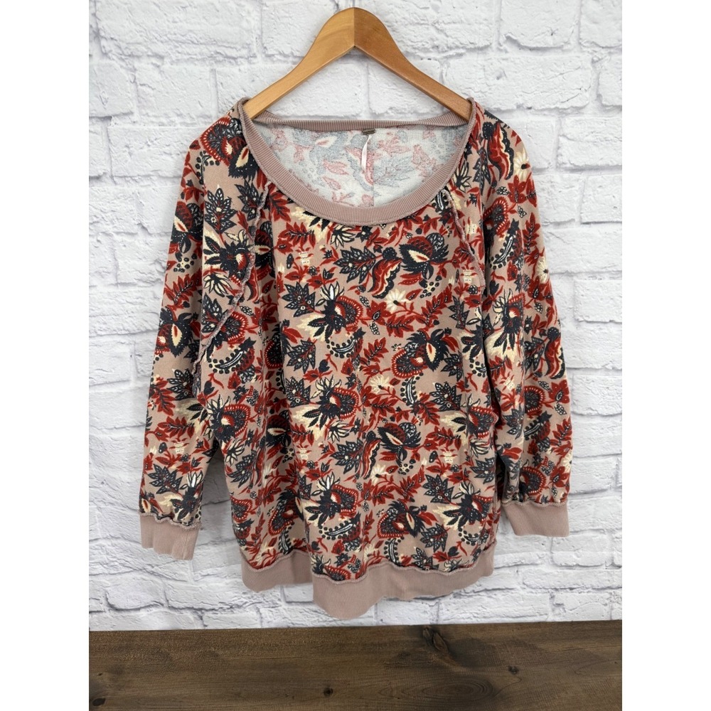 Free People Go On Get Floral Pullover French Terry Sweatshirt Mauve Red Boho S - Picture 2 of 8